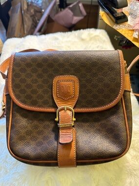 Celine Brown Monogram Crossbody with Tan Leather Trim